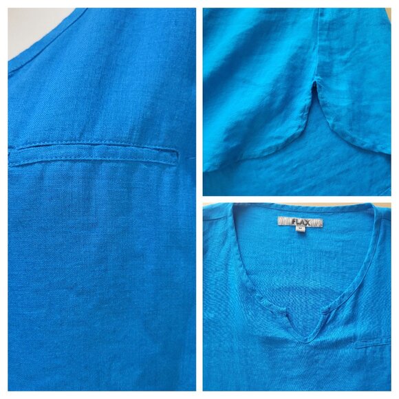 FLAX 100% Linen 2 Pc Tunic~Shorts Size MEDIUM Sapphire Blue Tab Adj Long Sleeves - Picture 6 of 15